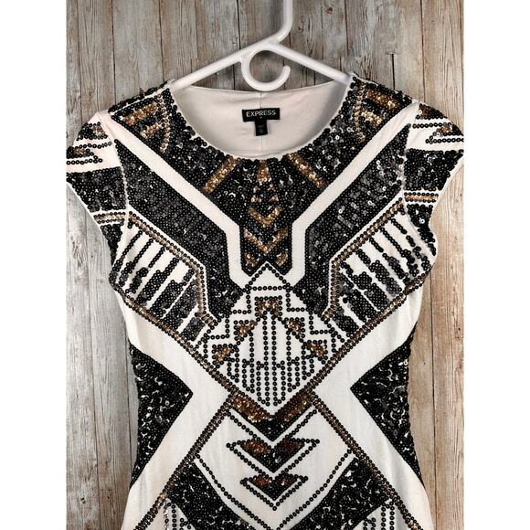 Express‎ Bodycon Dress Womens XS Cream Brass Sequin Cap Sleeve Party Cocktail - Picture 3 of 10